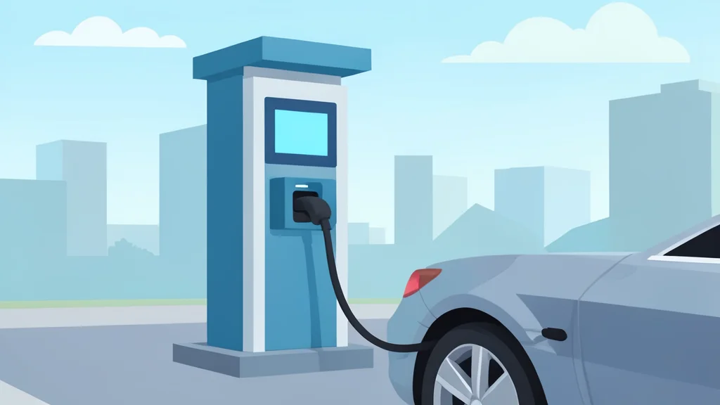 A modern electric vehicle charging station with a cable plugged into a car port, set against a clean urban background.