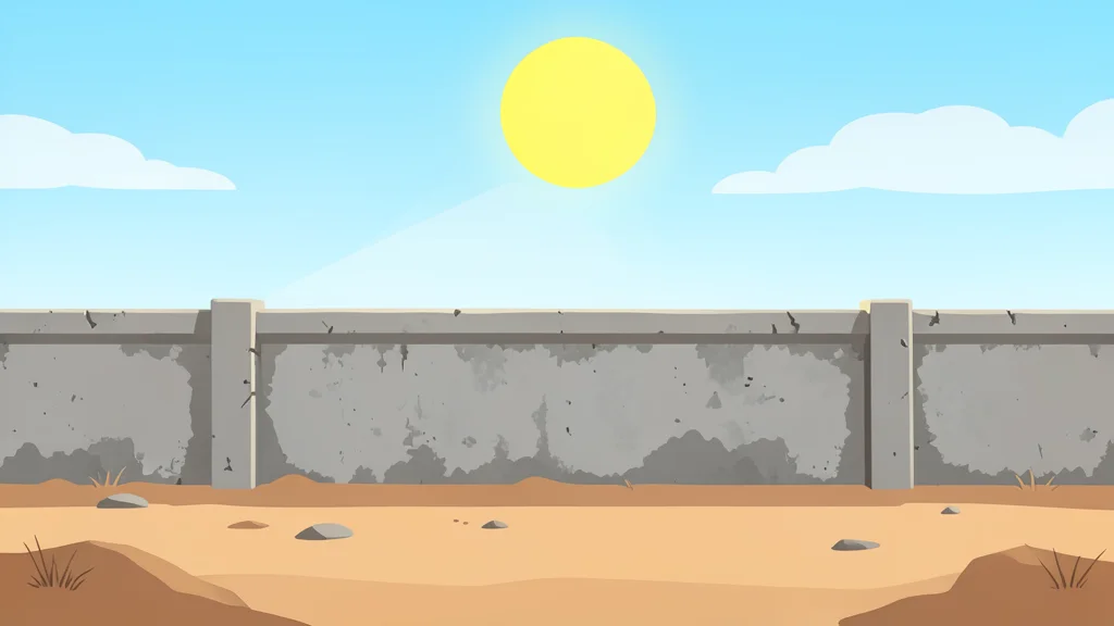 A weathered concrete border fence stretching across a dry, dusty landscape under a bright sun