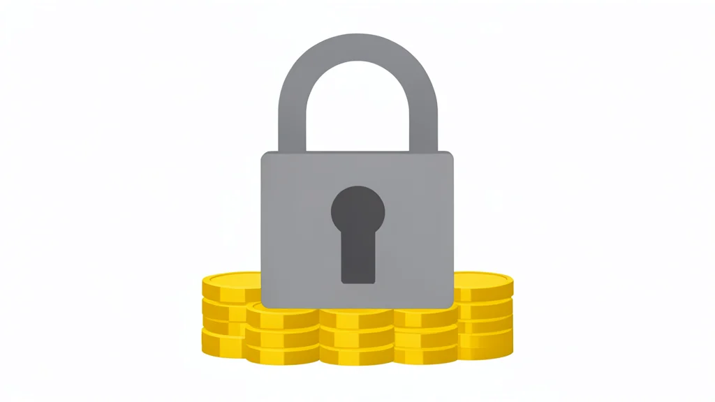 A digital padlock resting on a stack of physical coins