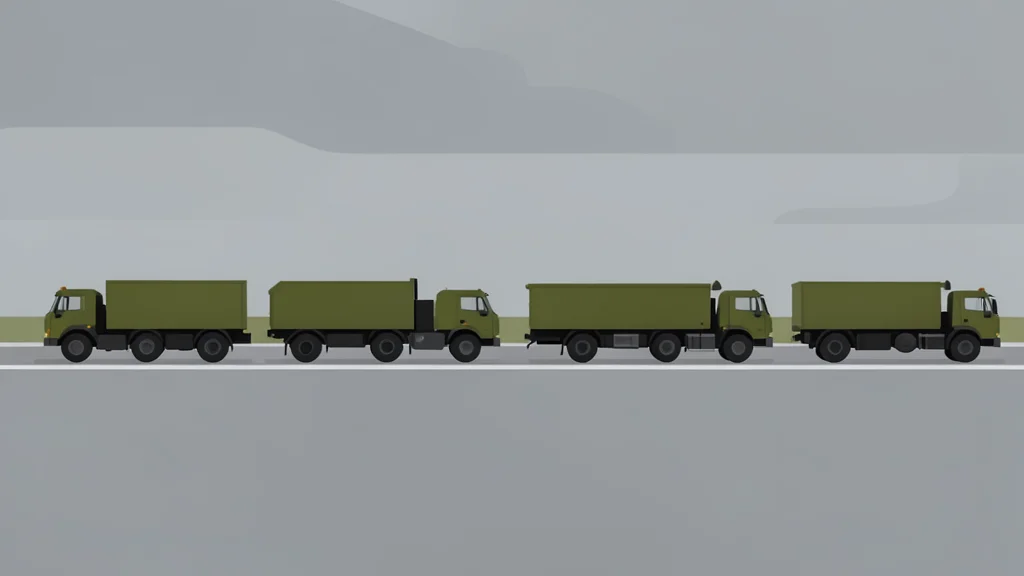 A row of military transport trucks parked on a paved airfield apron under an overcast sky