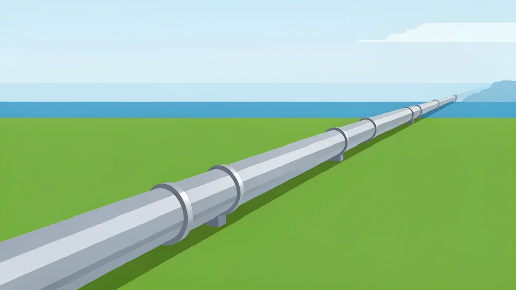 A long steel pipeline stretching across a flat, grassy landscape towards a distant coastline