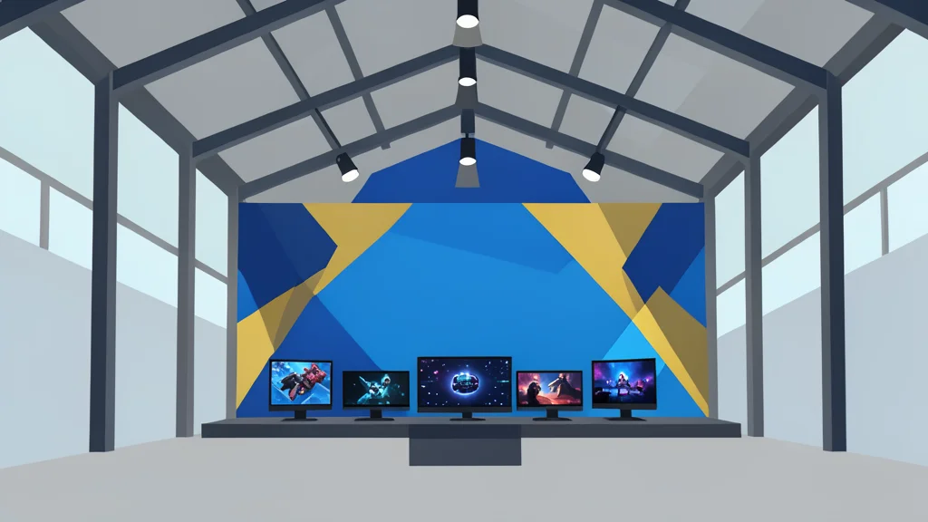 A large modern exhibition hall with high ceilings and industrial lighting, featuring a central stage with gaming monitors and a backdrop of abstract geometric shapes in blue and gold.