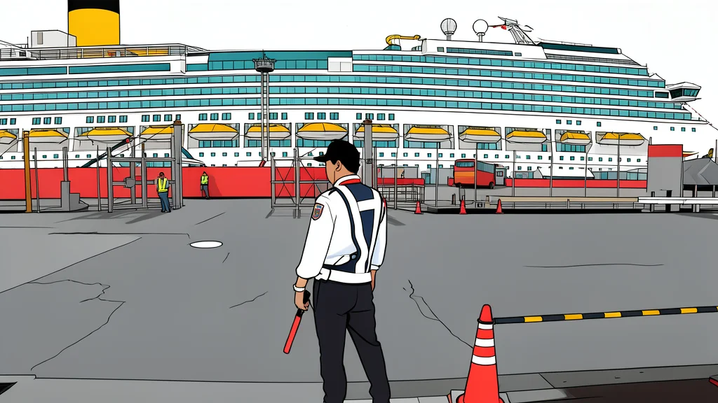 A large cruise ship docked at a harbor next to temporary container-style cabins