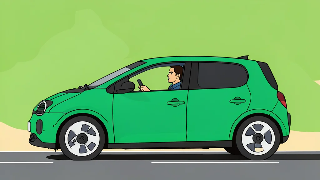 A modern electric vehicle connected to a charging station, set against a landscape of wind turbines and solar panels.