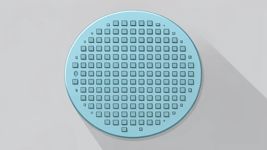 A close-up view of a silicon wafer with a grid of square chips, resting on a clean laboratory surface.