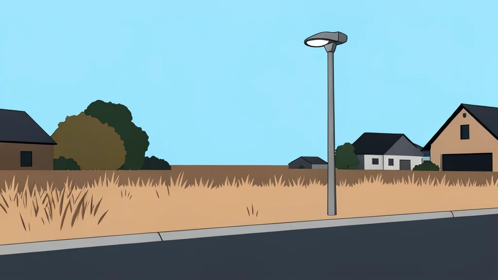 A quiet, empty roadside in a suburban area with dry grass and a single streetlight