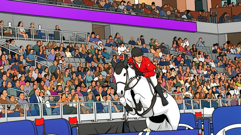A show jumping course with white fences and green grass