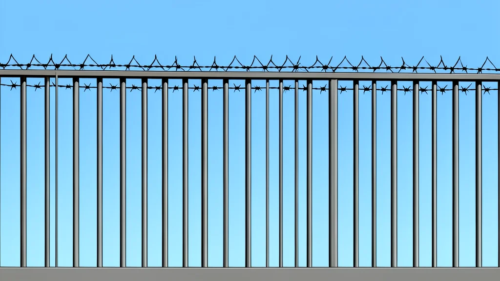 A tall metal border fence with barbed wire standing against a clear sky