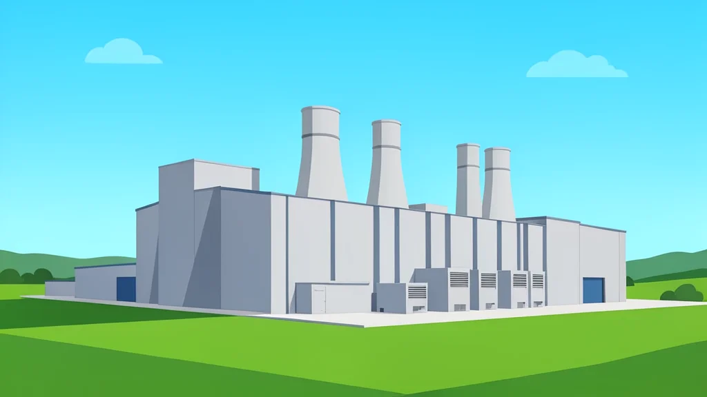 A large modern industrial building with cooling towers in a rural landscape