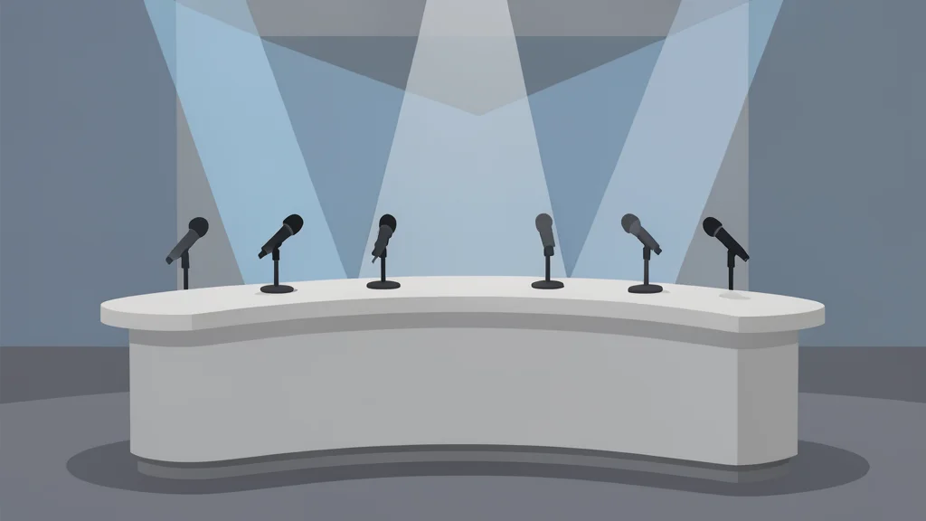 A curved television studio desk with multiple microphones and soft lighting