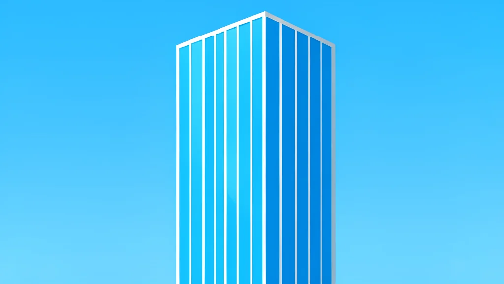 A modern glass skyscraper reflecting a clear blue sky