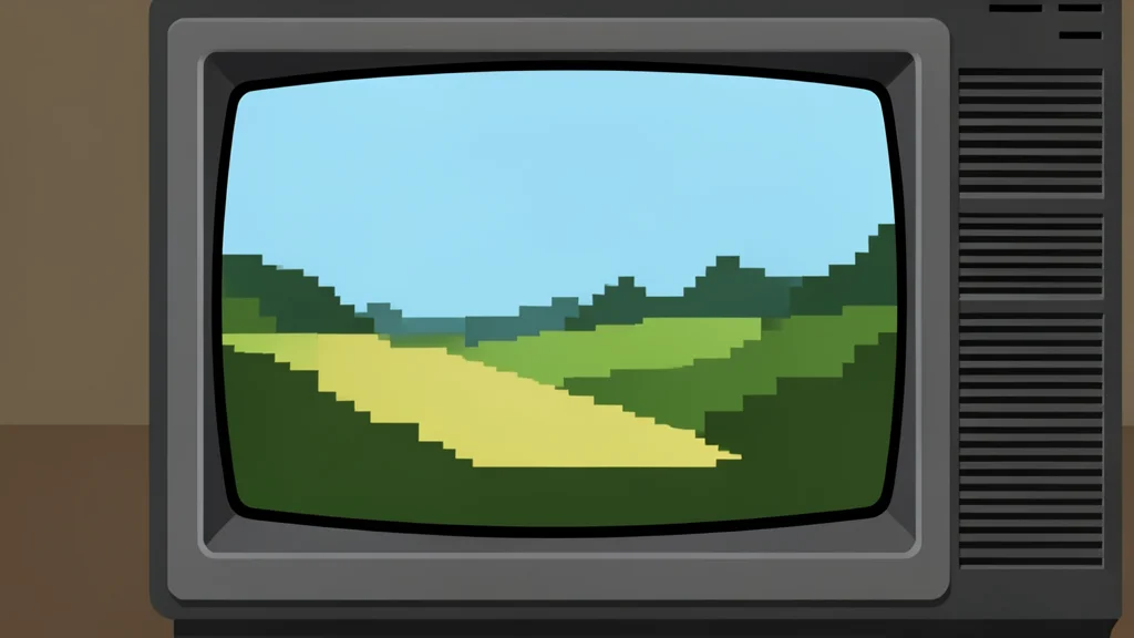 A vintage computer monitor displaying a blocky, pixelated landscape