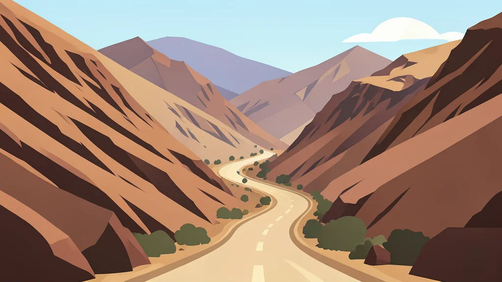 A dusty road winding through a rugged, arid mountain pass with steep rocky slopes on either side.