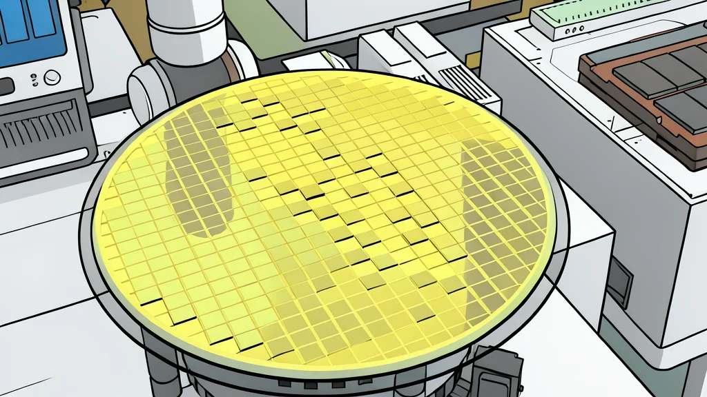 A close-up view of a silicon wafer with a grid of square integrated circuits