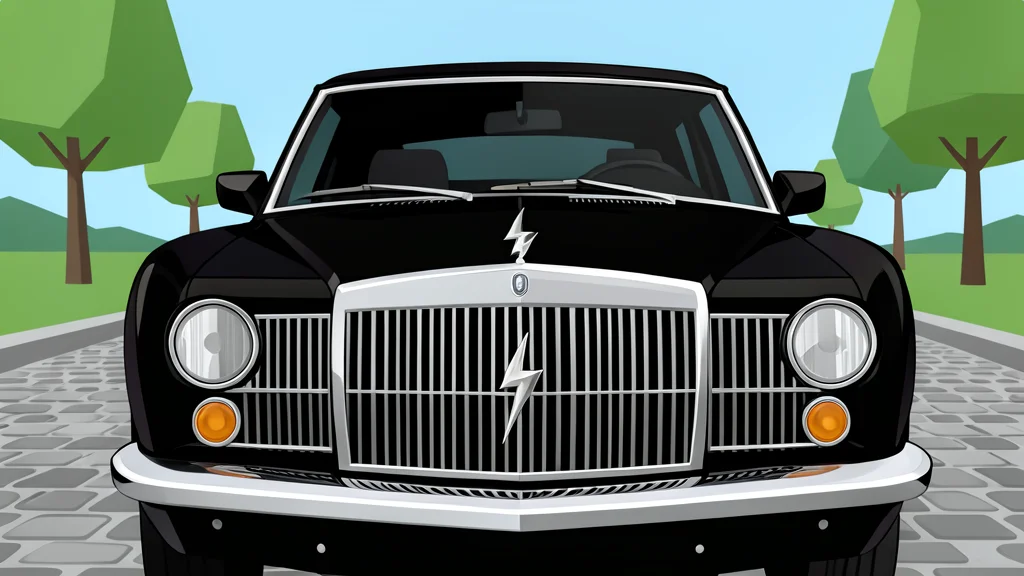 A sleek black vintage sedan with a subtle electric motor symbol on the hood parked on a cobblestone street.