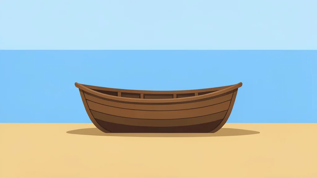 A wooden fishing boat resting on a sandy shore near calm blue water