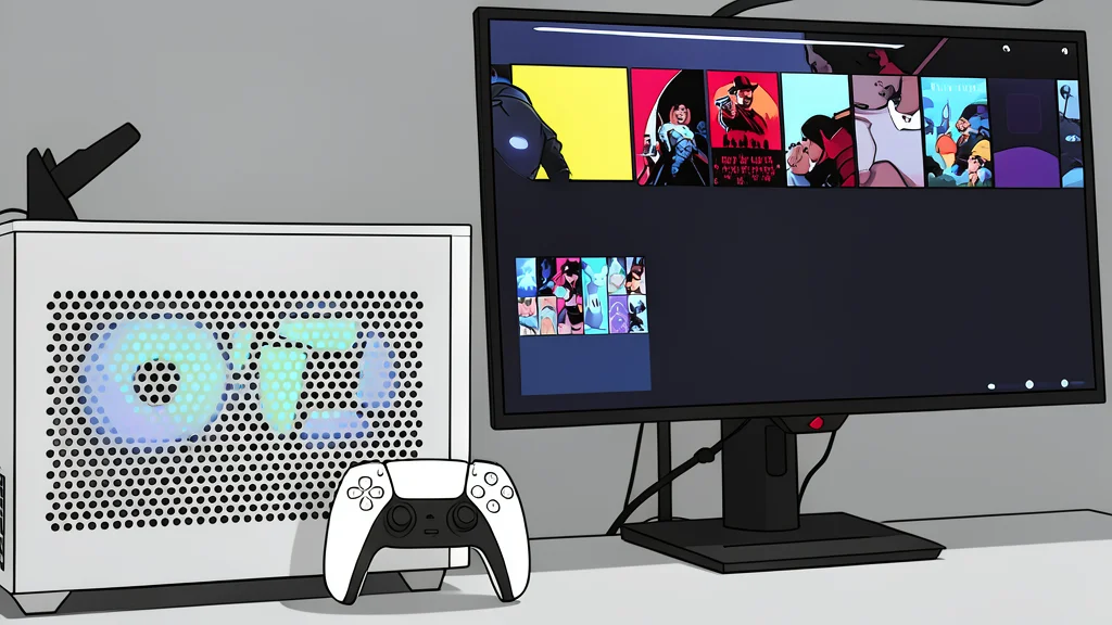 A compact black mini-ITX computer case with a mesh side panel sits on a wooden desk next to a game controller.