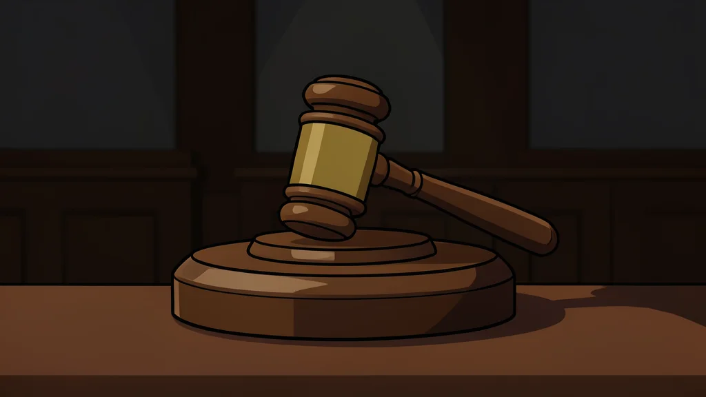 A wooden gavel resting on a sound block in a dimly lit courtroom setting