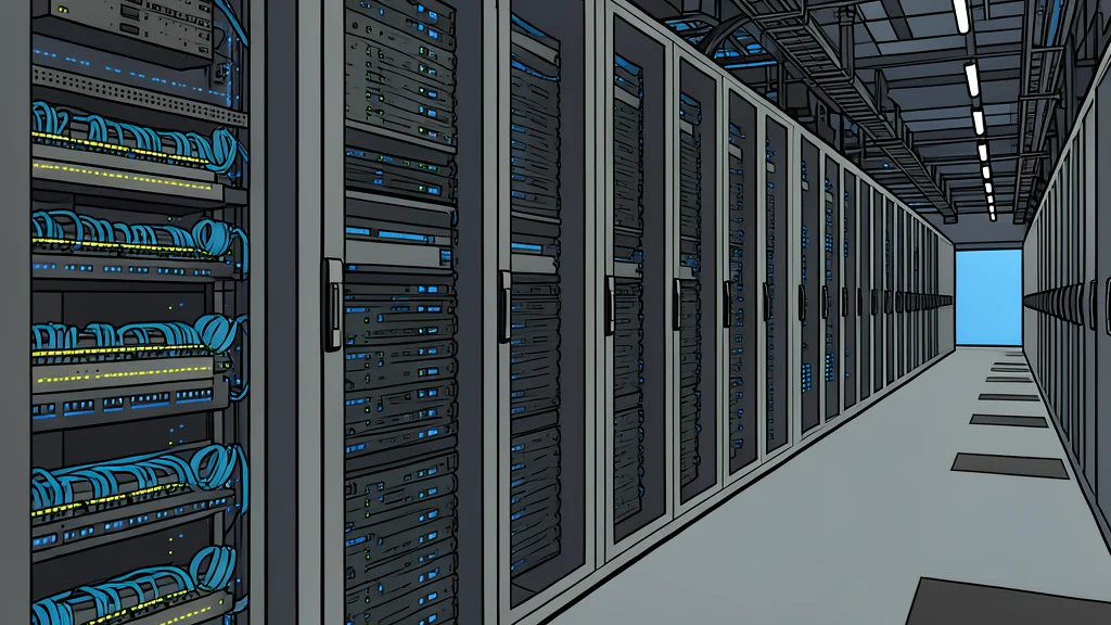 A server rack with blinking status lights in a dimly lit data center room