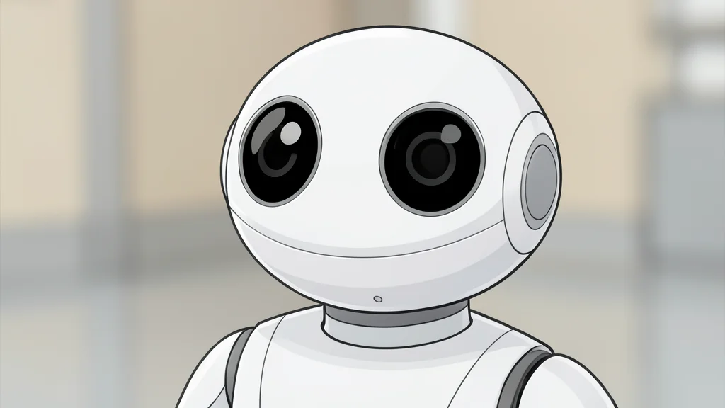 A small, white, wheeled service robot with a rounded head and large black camera lenses standing on a polished university campus floor.