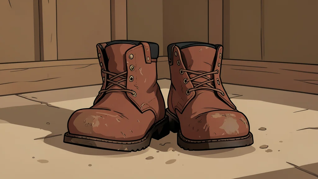 A pair of worn leather riding boots resting on a dusty stable floor
