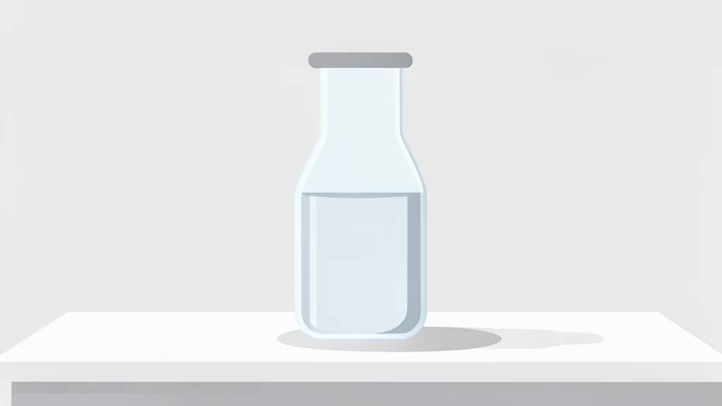 A glass vial containing a clear liquid standing on a white laboratory bench