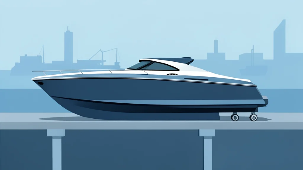 A high-performance sports boat hull resting on a dry dock