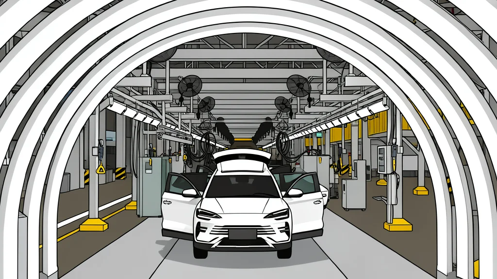 A modern industrial factory exterior with large loading bays and a row of electric vehicles parked in the foreground