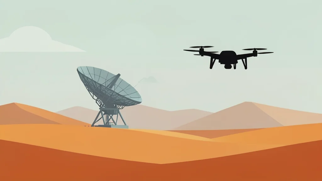 A desert landscape featuring a distant radar dish and a low-flying drone silhouette against a hazy sky.