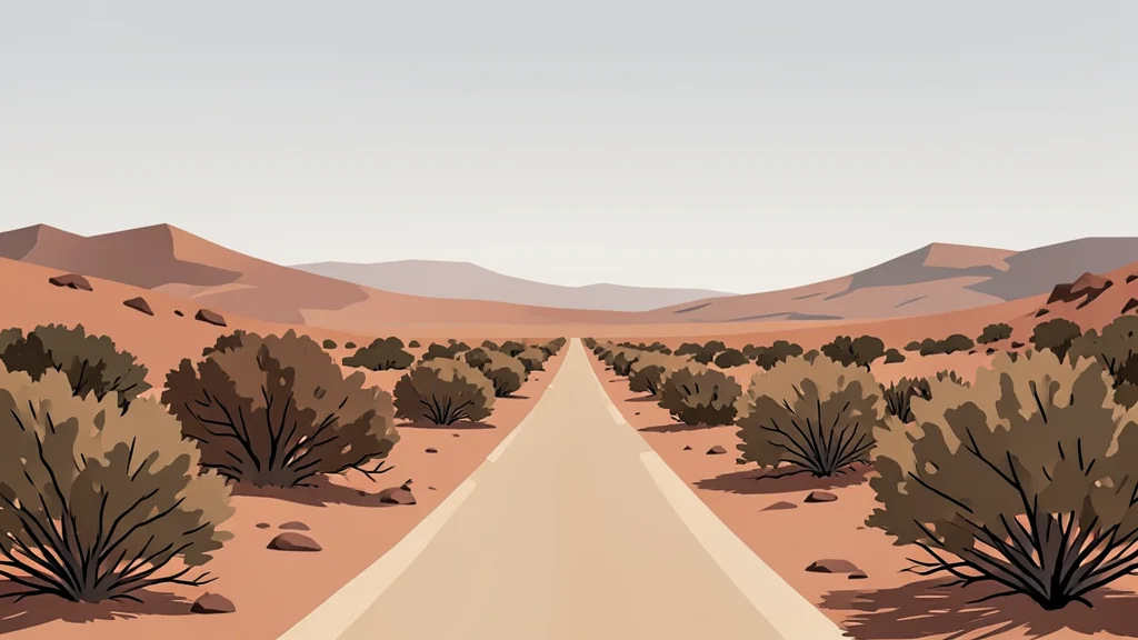 A dusty, unpaved road stretches through an arid landscape with dry scrub brush under a hazy sky.