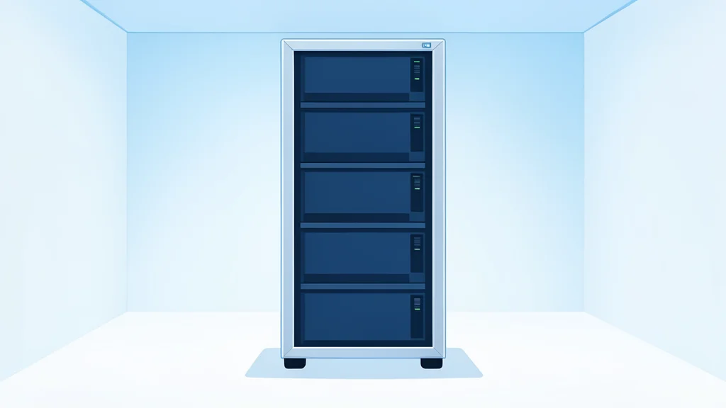 A sleek, metallic server rack standing in a clean, white room with soft blue ambient lighting