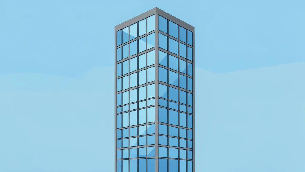 A modern glass skyscraper with a grid of windows reflecting the sky