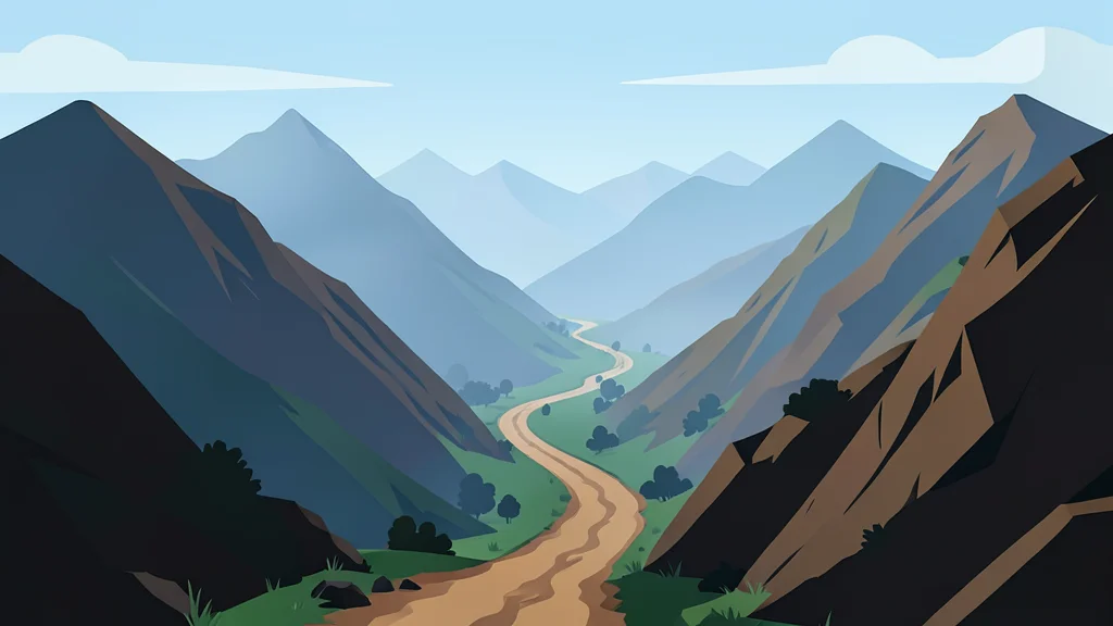 A rugged mountain landscape in Mexico with a winding dirt road disappearing into the mist