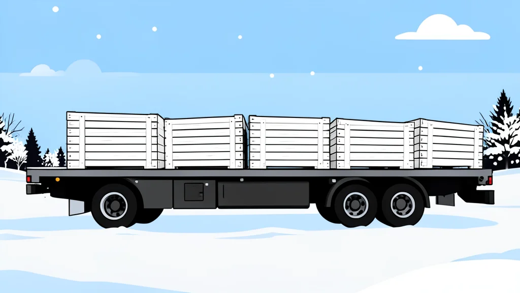 A row of white wooden coffins resting on a flatbed truck in a snowy field