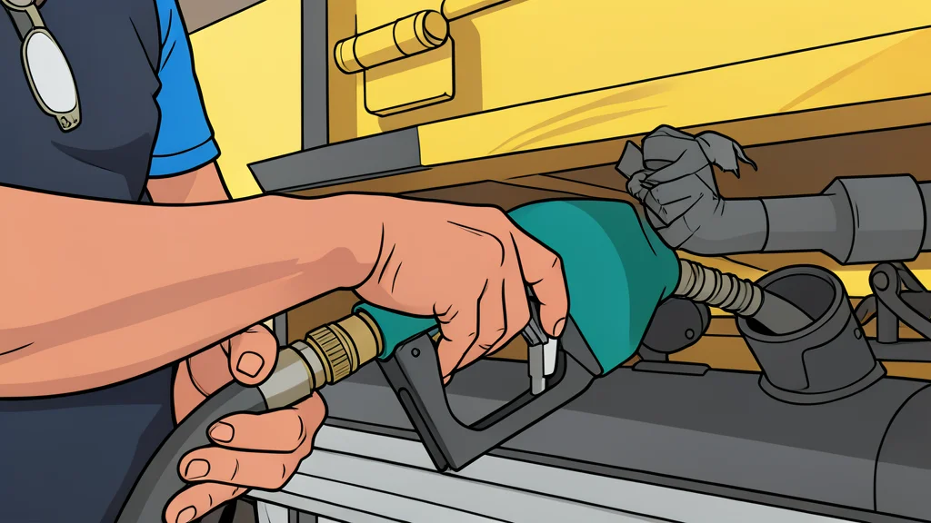 A fuel pump nozzle resting on a concrete surface next to a row of parked trucks
