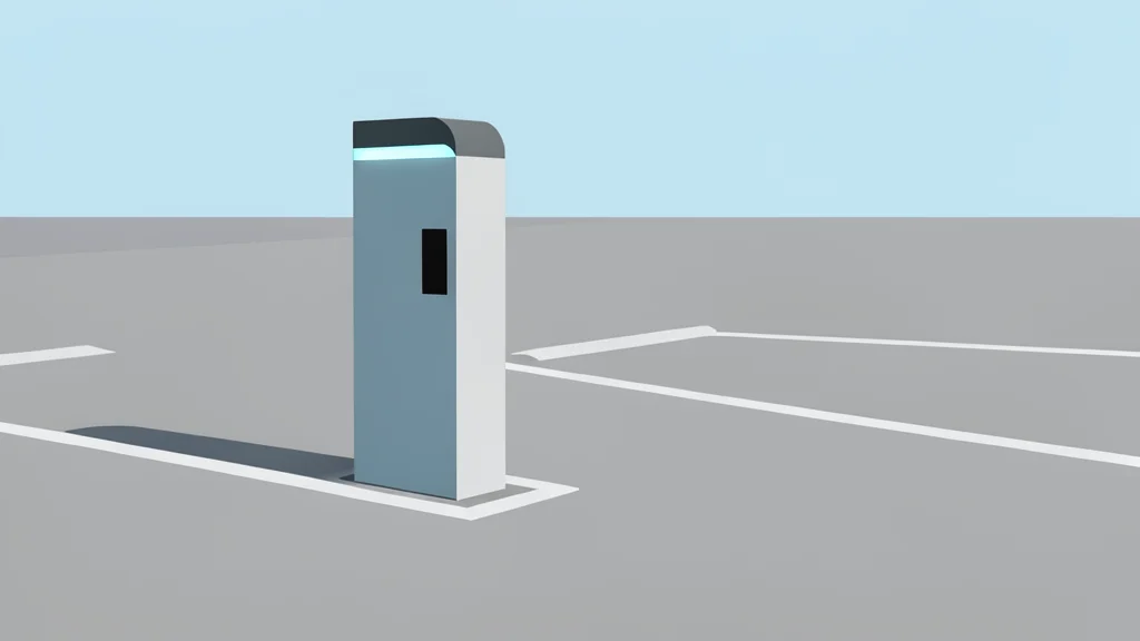 An empty concrete parking lot with painted white lines and a single, unoccupied electric vehicle charging station