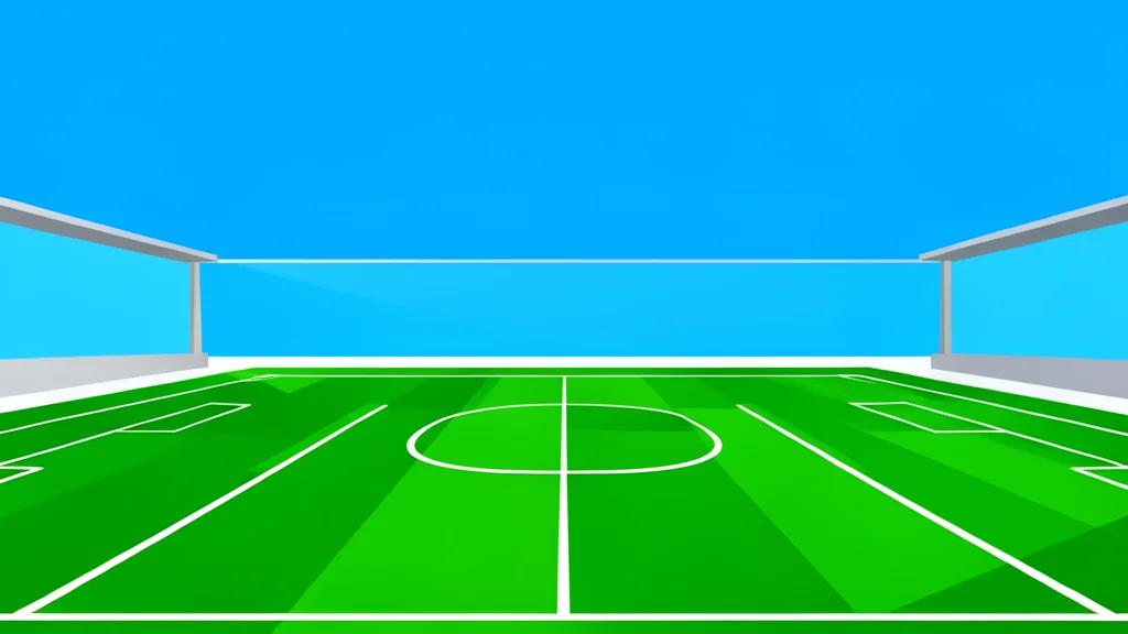 A wide-angle view of a green rugby pitch with white boundary lines under a bright, cloudless sky, emphasizing the open space of the stadium.