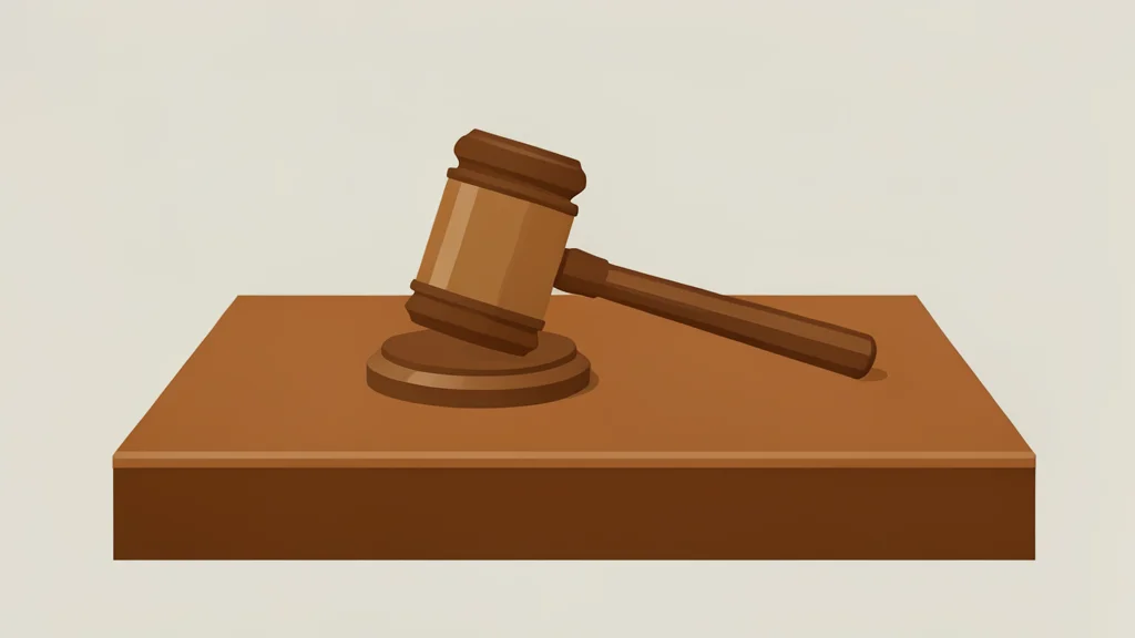 A wooden gavel resting on a polished desk surface