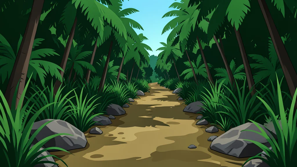 A winding muddy road cuts through a dense jungle landscape bordered by tall grass and scattered rocks.