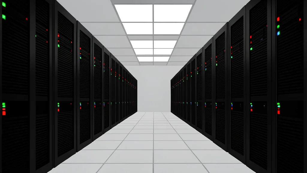 A large, modern server room with rows of black racks and blinking status lights
