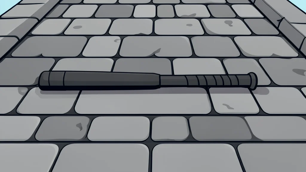 A single police baton lying on a cobblestone street