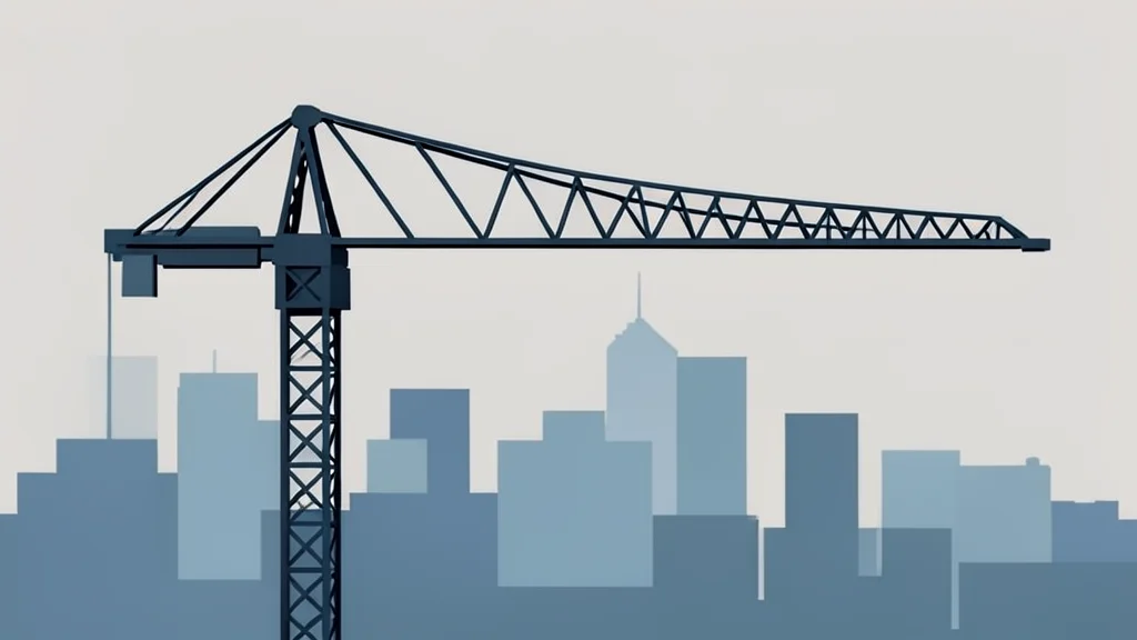A steel construction crane arm extending over a city skyline
