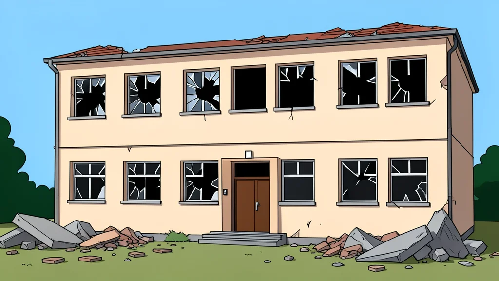A damaged school building with broken windows and debris scattered on the ground