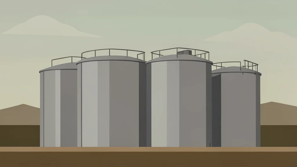 A cluster of large, cylindrical steel storage tanks standing in an industrial landscape under a hazy sky