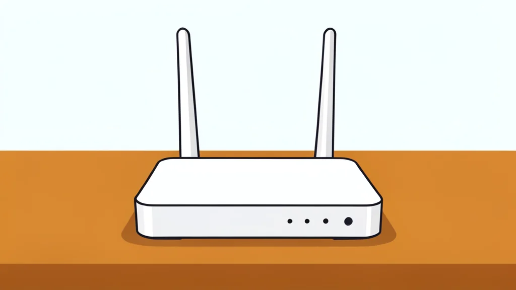 A white wireless router with multiple antennas sitting on a wooden desk
