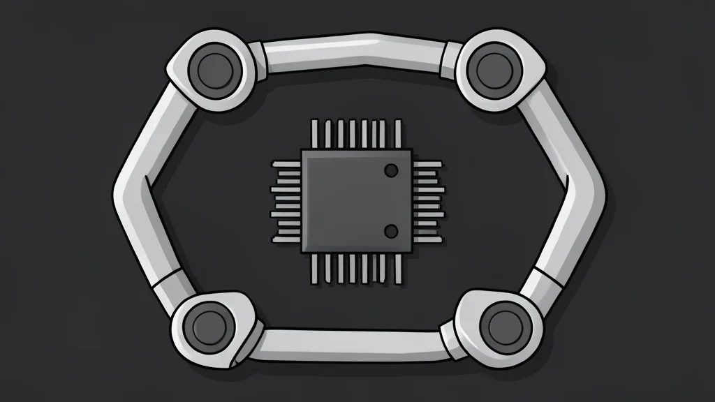 A complex microchip resting on a dark surface, surrounded by the mechanical joints of a robotic arm.