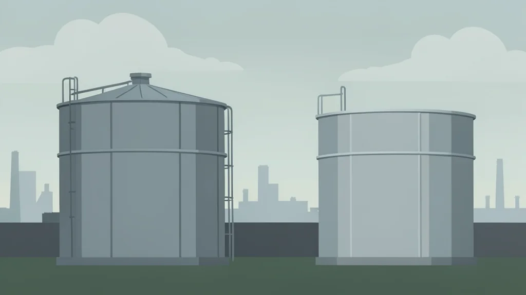 A cluster of large, cylindrical steel storage tanks standing in an industrial landscape under a hazy sky