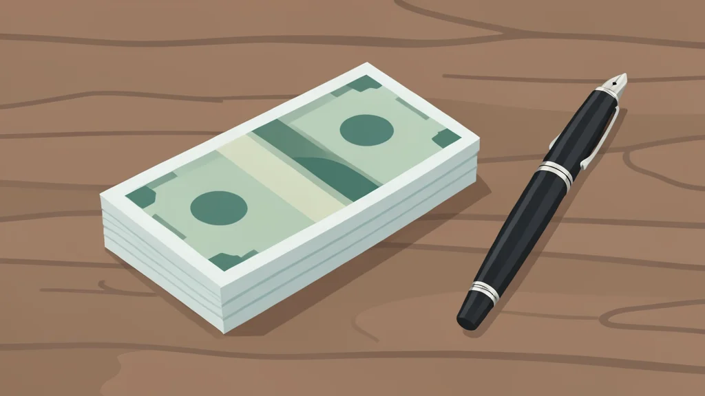 A stack of paper banknotes resting on a wooden desk next to a fountain pen