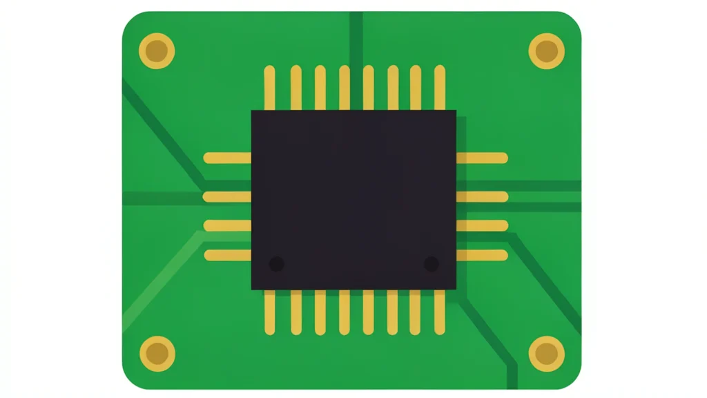 A flat vector illustration of a black silicon chip mounted on a green circuit board with gold contact pins.