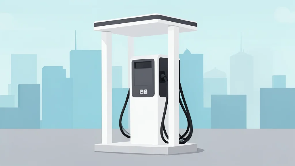 A modern electric vehicle charging station with sleek white pillars and coiled cables, set against a backdrop of a contemporary city skyline.